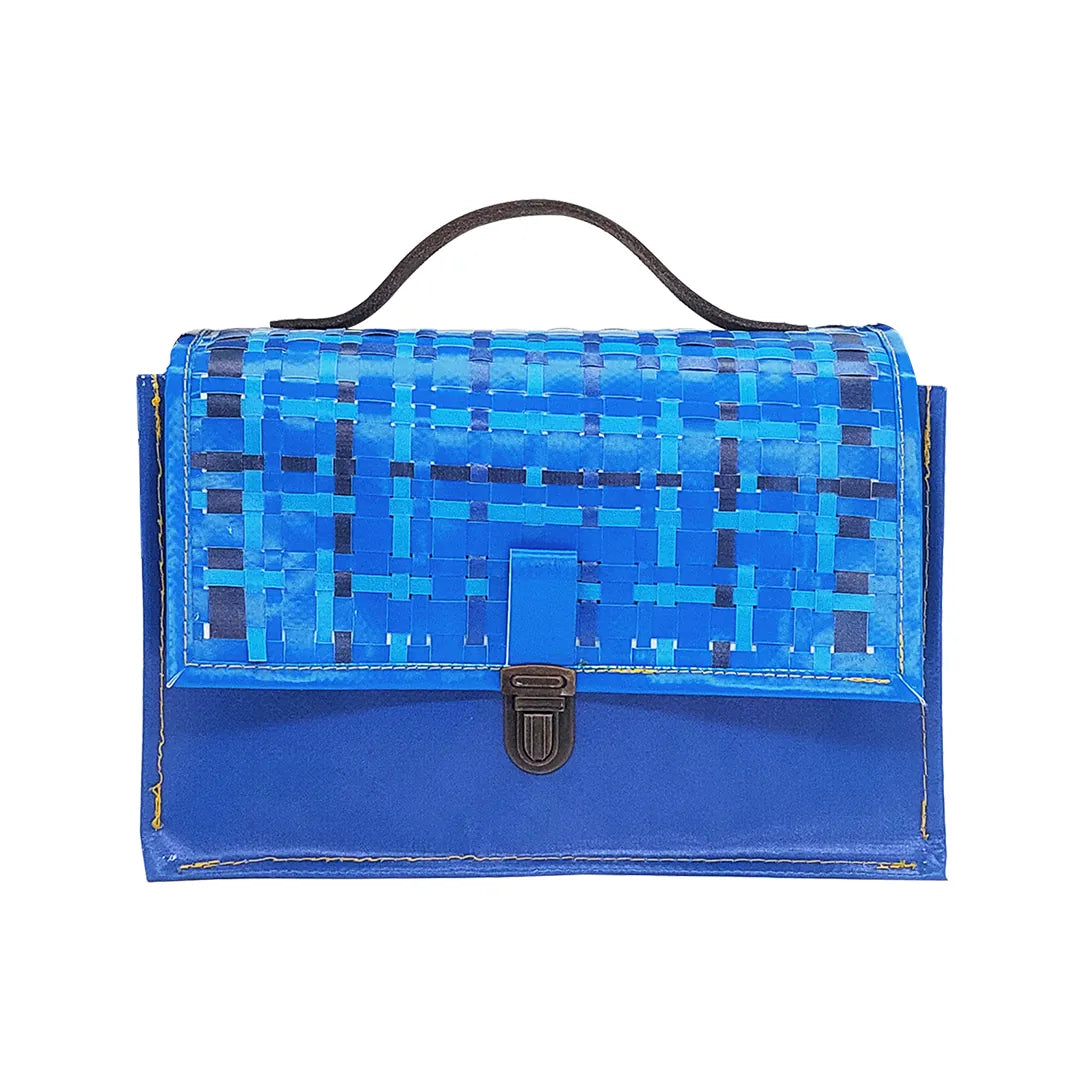 Alice Special Edition Bag 126 by ReCreate, a blue structured bag in reclaimed advertising banner with woven flap and leather strap. - front