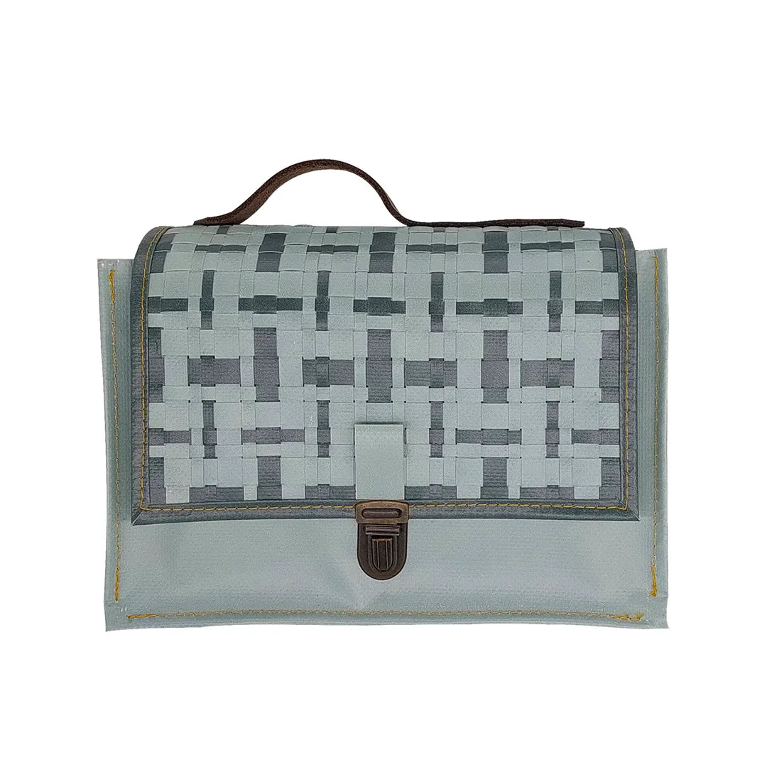 Alice Special Edition Bag 224 by ReCreate, a grey special edition bag in reclaimed advertising banner with woven flap and leather strap. - front