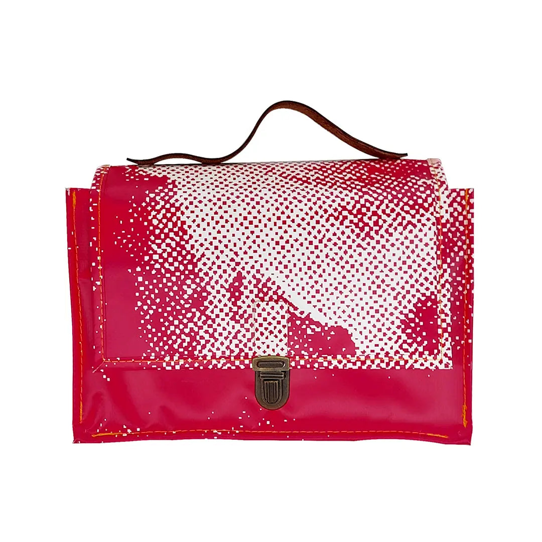 Alice Bag 425 by ReCreate, a fuchsia and white structured bag in reclaimed advertising banner with leather strap and yellow zip. - front