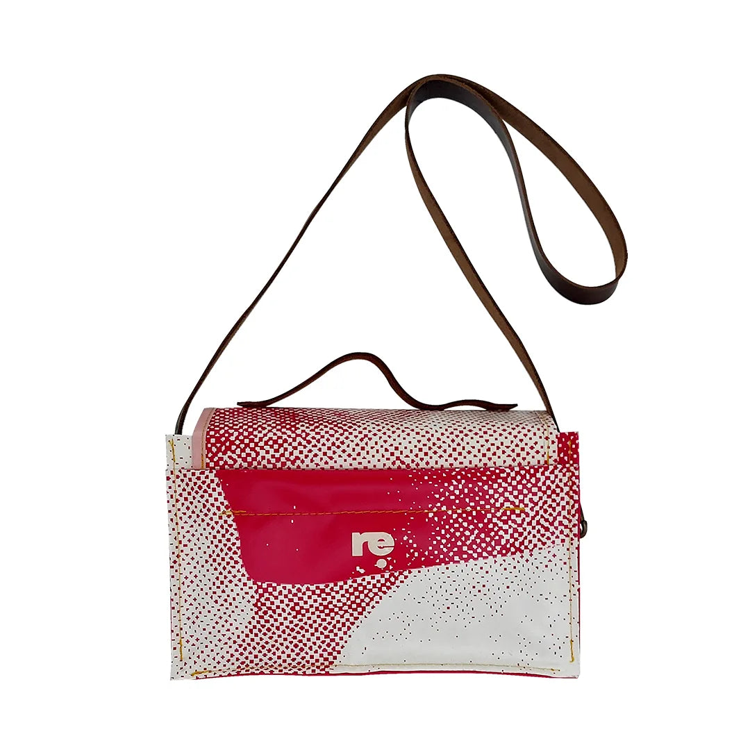 Alice Bag 425 by ReCreate, a fuchsia and white structured bag in reclaimed advertising banner with leather strap and yellow zip. - back