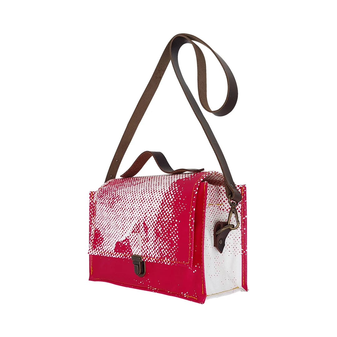 Alice Bag 425 by ReCreate, a fuchsia and white structured bag in reclaimed advertising banner with leather strap and yellow zip. - handle detail