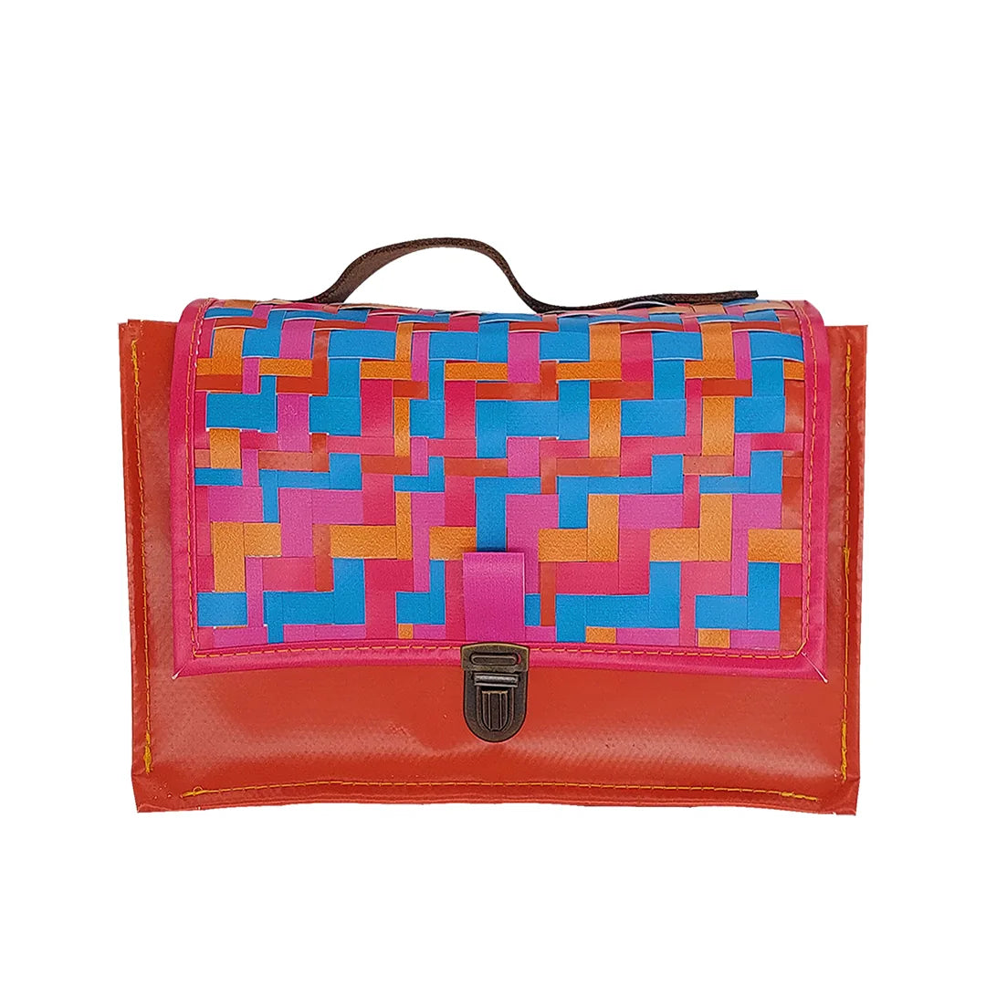 Alice Special Edition Bag 625 by ReCreate, a vibrant special edition bag in reclaimed advertising banner with woven flap and leather strap. - front