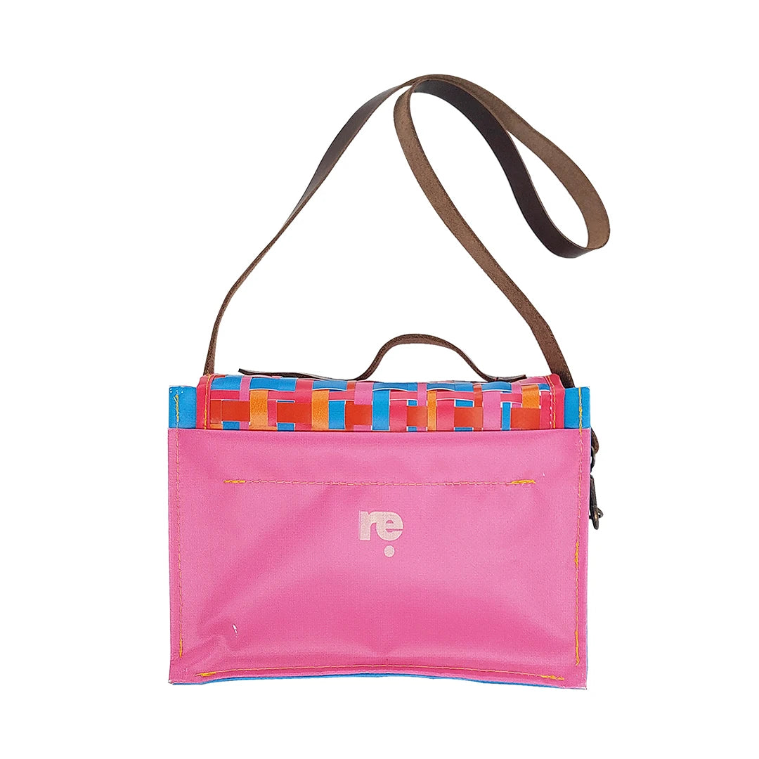 Alice Special Edition Bag 625 by ReCreate, a vibrant special edition bag in reclaimed advertising banner with woven flap and leather strap. - back