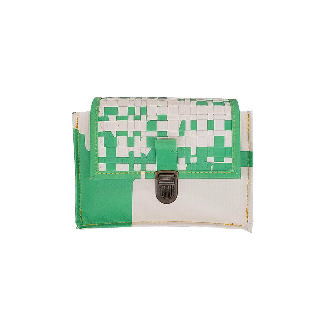 Anita Bag 224 Special Edition by ReCreate, a compact green bag in reclaimed advertising banner with woven flap and leather strap. - front