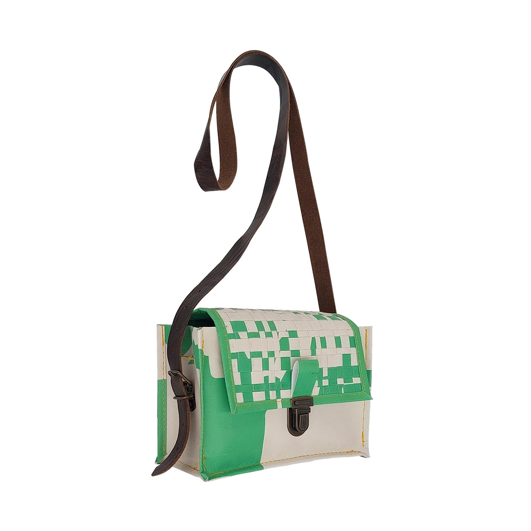 Anita Bag 224 Special Edition by ReCreate, a compact green bag in reclaimed advertising banner with woven flap and leather strap. -side