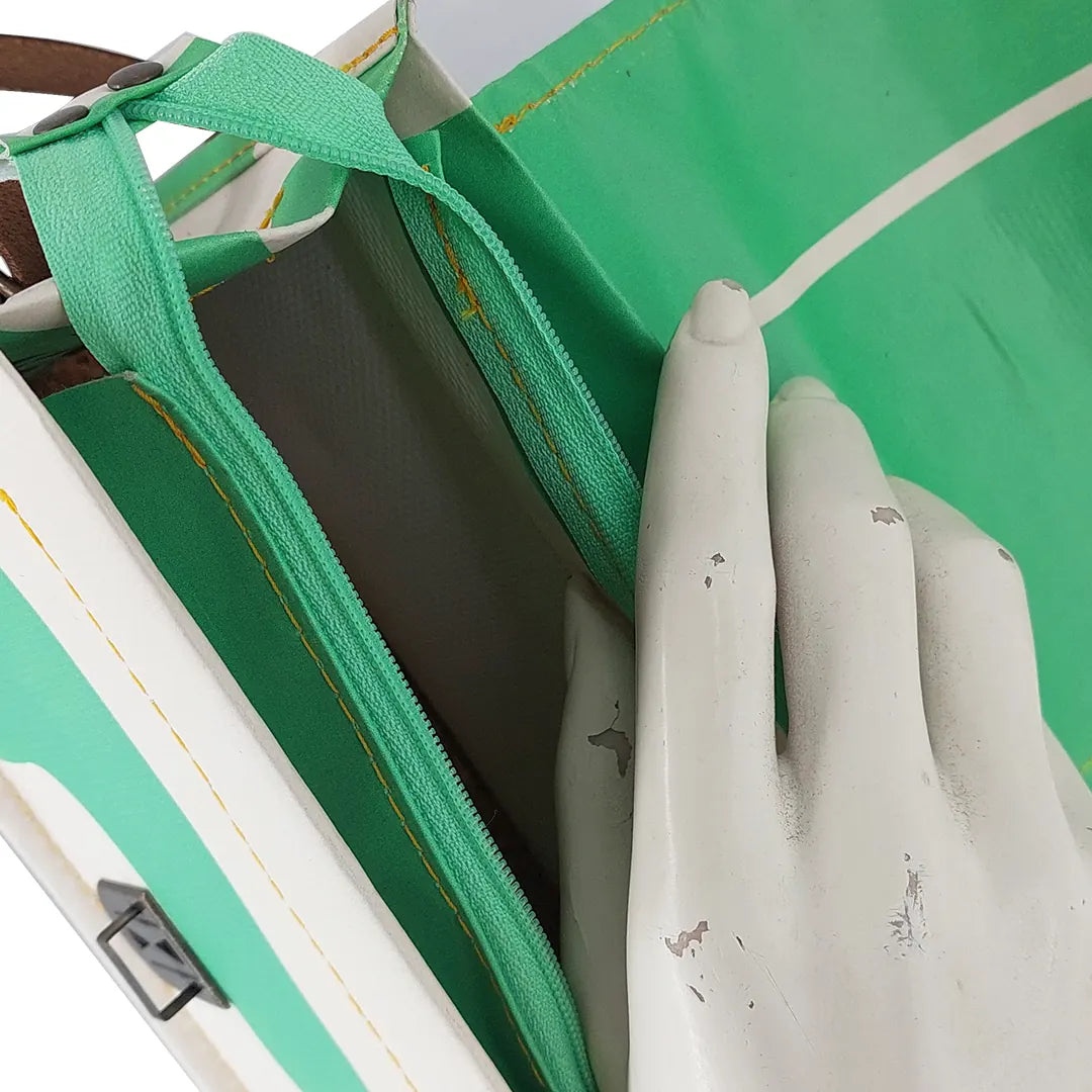Anita Bag 224 Special Edition by ReCreate, a compact green bag in reclaimed advertising banner with woven flap and leather strap. - zipper