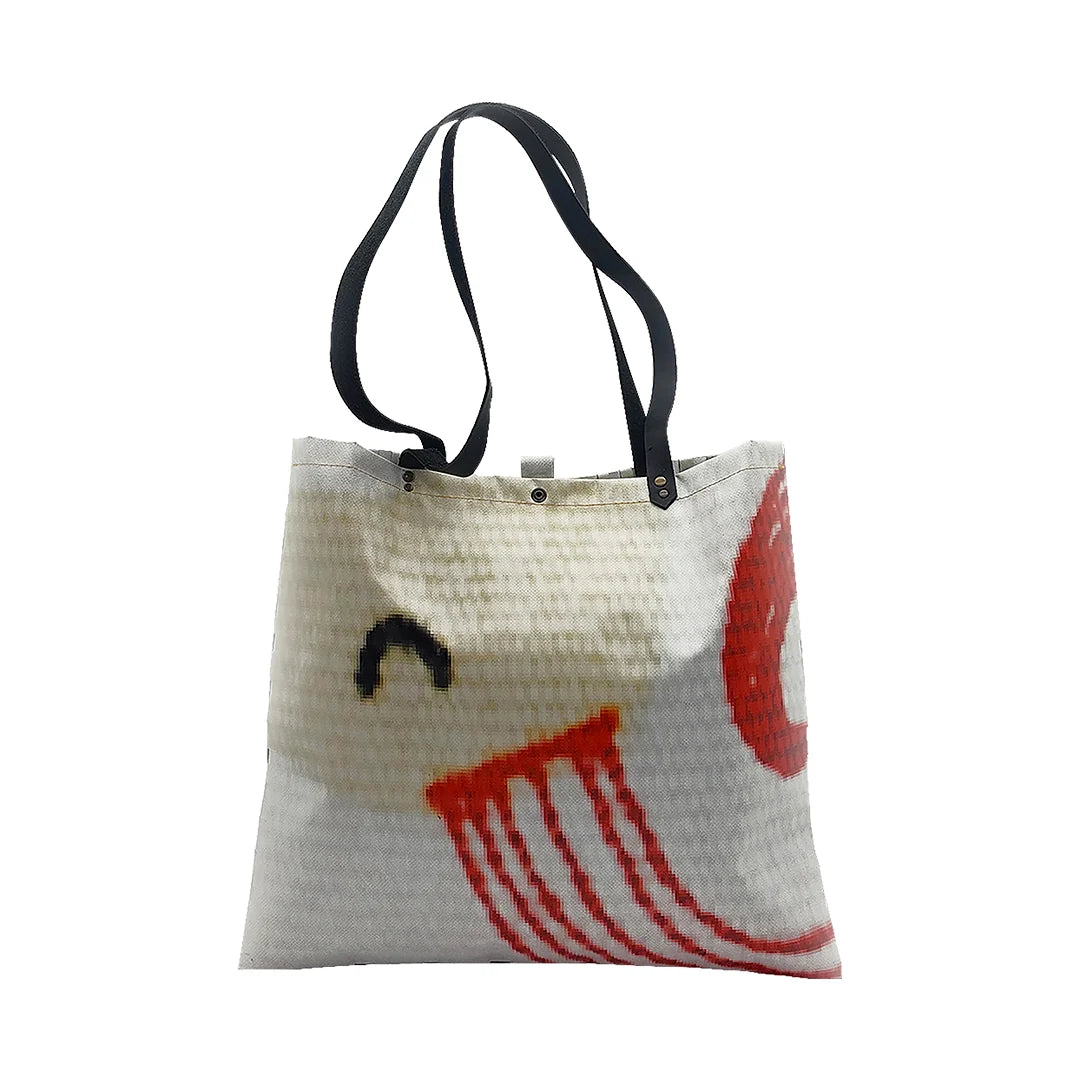 Emilia Bag 1623 by ReCreate, a large tote bag in reclaimed advertising banner with woven detail, leather straps and an interior pocket. - back