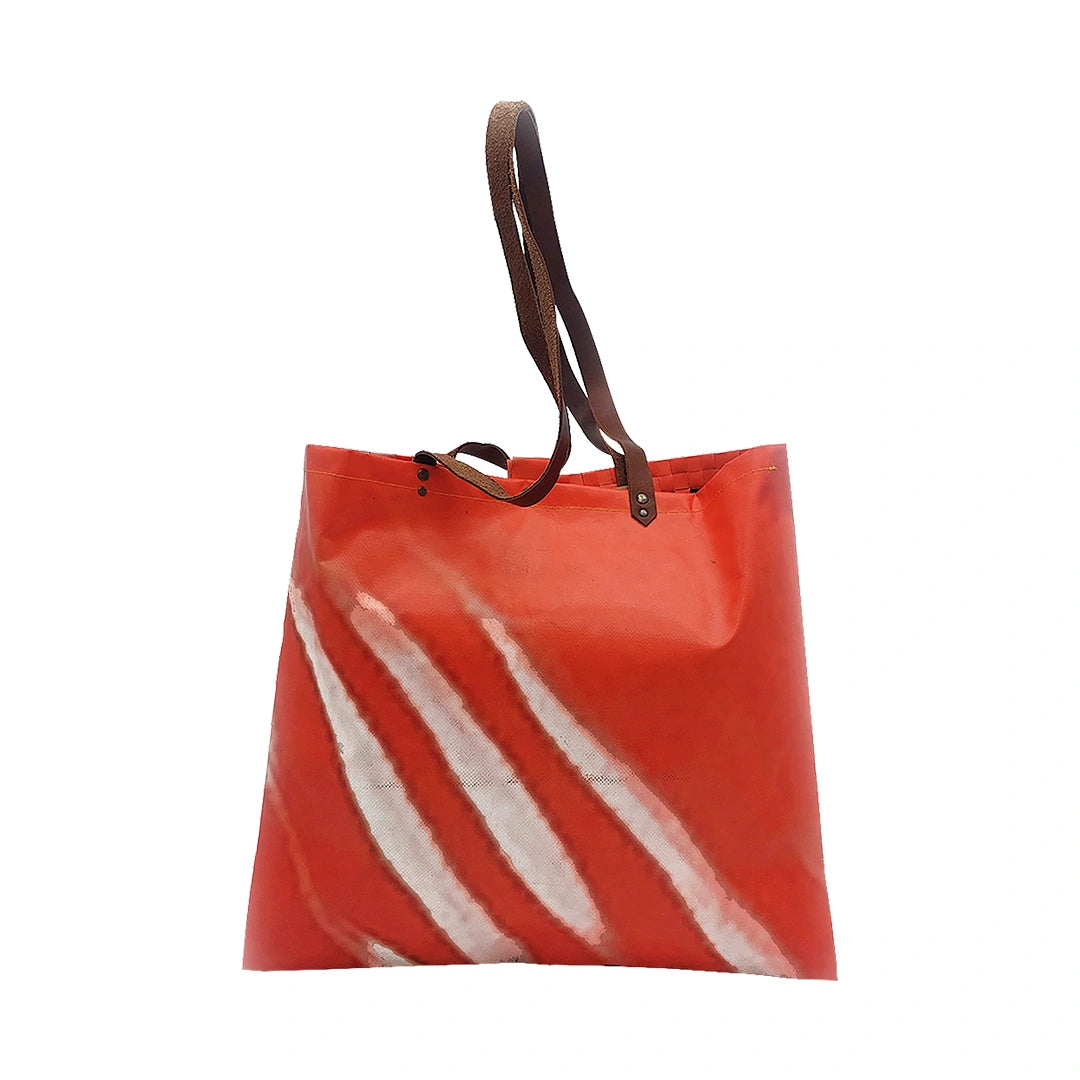 Emilia Bag 323 by ReCreate, a large tote bag in reclaimed advertising banner with one woven side, one smooth side and leather straps. - back