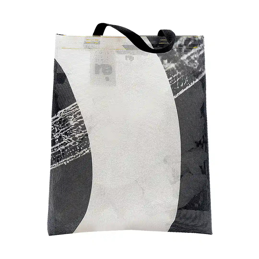 Jack Tote Bag 2525 by ReCreate, made from micro-perforated reclaimed banner with purple straps, two inner pockets and dual carry. - front