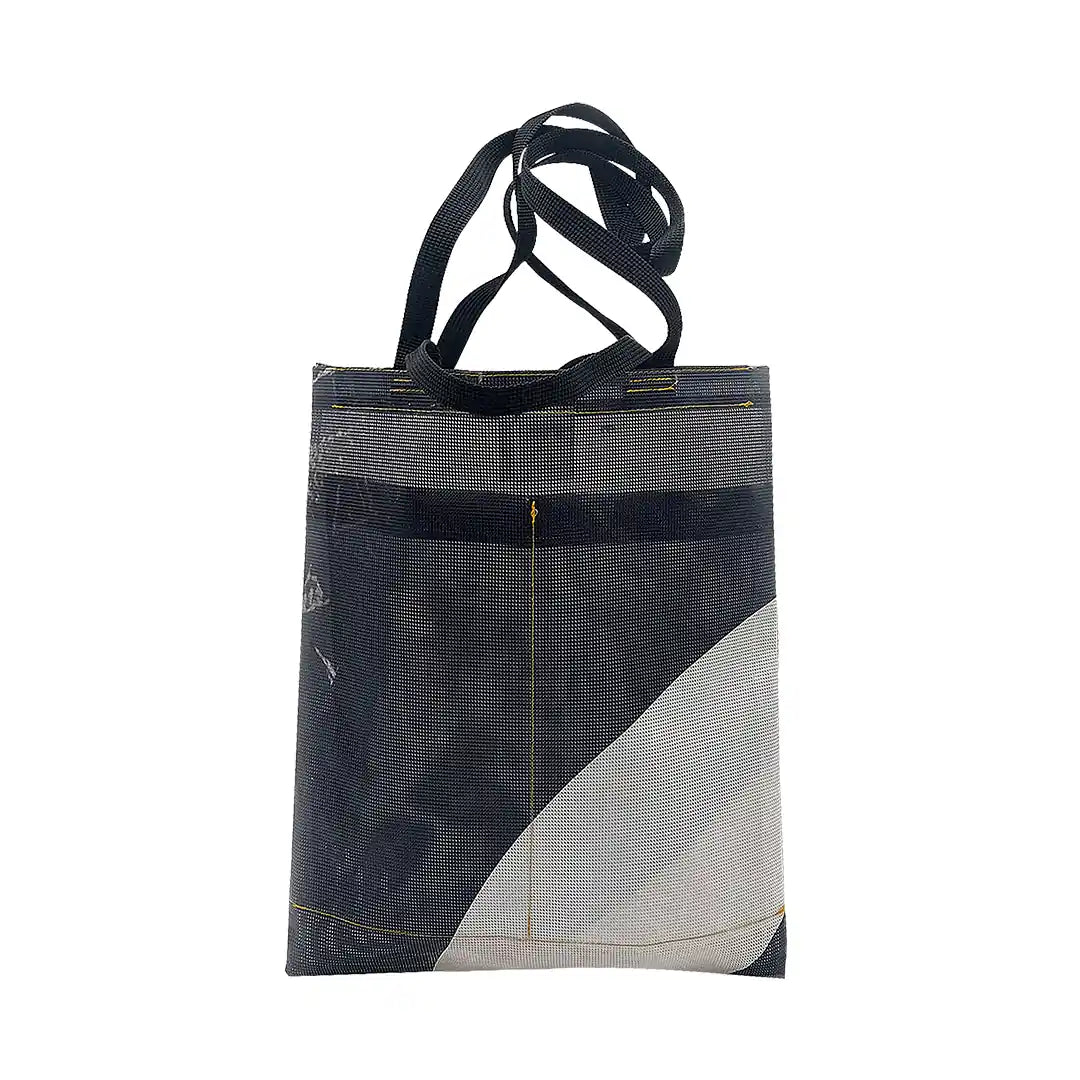 Jack Tote Bag 2525 by ReCreate, made from micro-perforated reclaimed banner with purple straps, two inner pockets and dual carry. - back