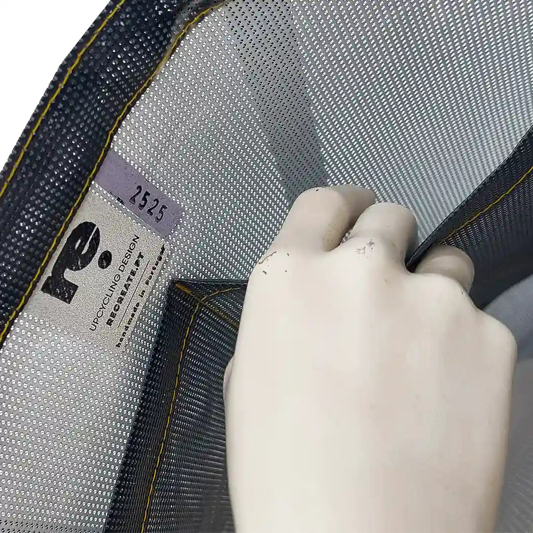 Jack Tote Bag 2525 by ReCreate, made from micro-perforated reclaimed banner with purple straps, two inner pockets and dual carry. - pockets