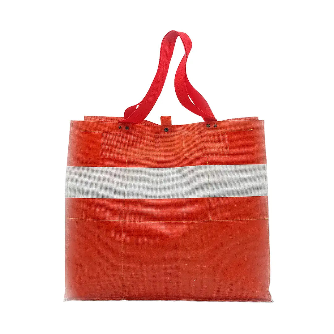 Júlia Bag 224 by ReCreate, a large red tote made from micro-perforated reclaimed banner with five inner pockets and snap closures. - back