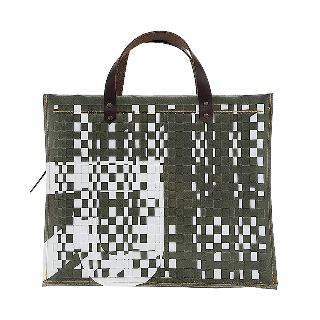 Julieta Bag 224 Special Edition by ReCreate, a structured green bag in reclaimed advertising banner with leather straps and graphic weaving - front