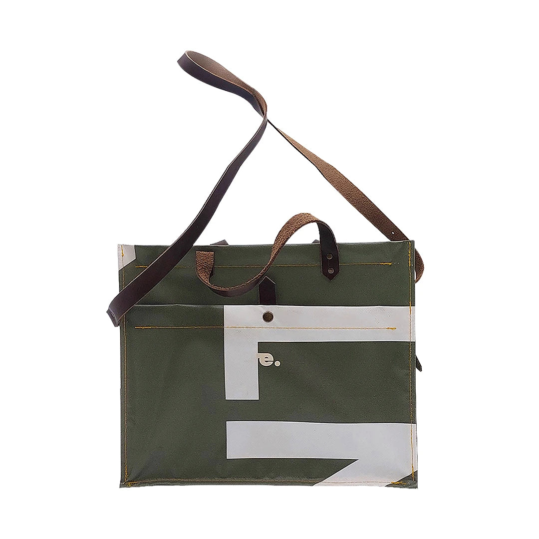 Julieta Bag 224 Special Edition by ReCreate, a structured green bag in reclaimed advertising banner with leather straps and graphic weaving - back