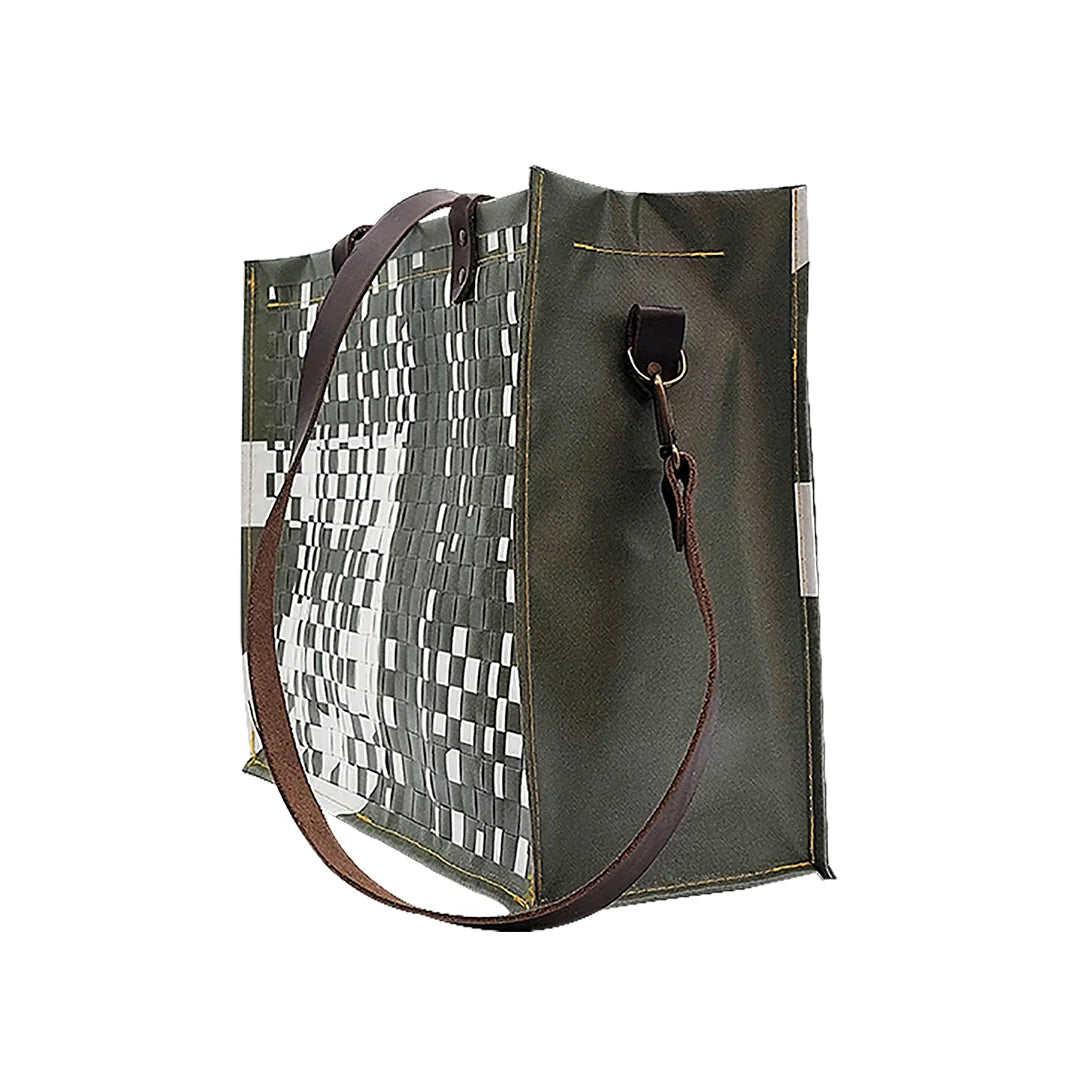 Julieta Bag 224 Special Edition by ReCreate, a structured green bag in reclaimed advertising banner with leather straps and graphic weaving - side