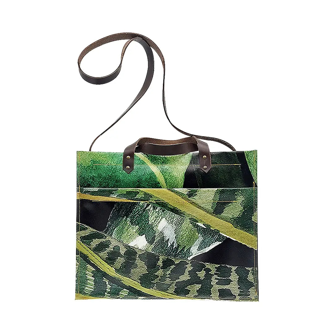 Julieta Bag 324 by ReCreate, a structured bag in reclaimed advertising banner with leather straps, zip closure and botanical graphic presence. - back