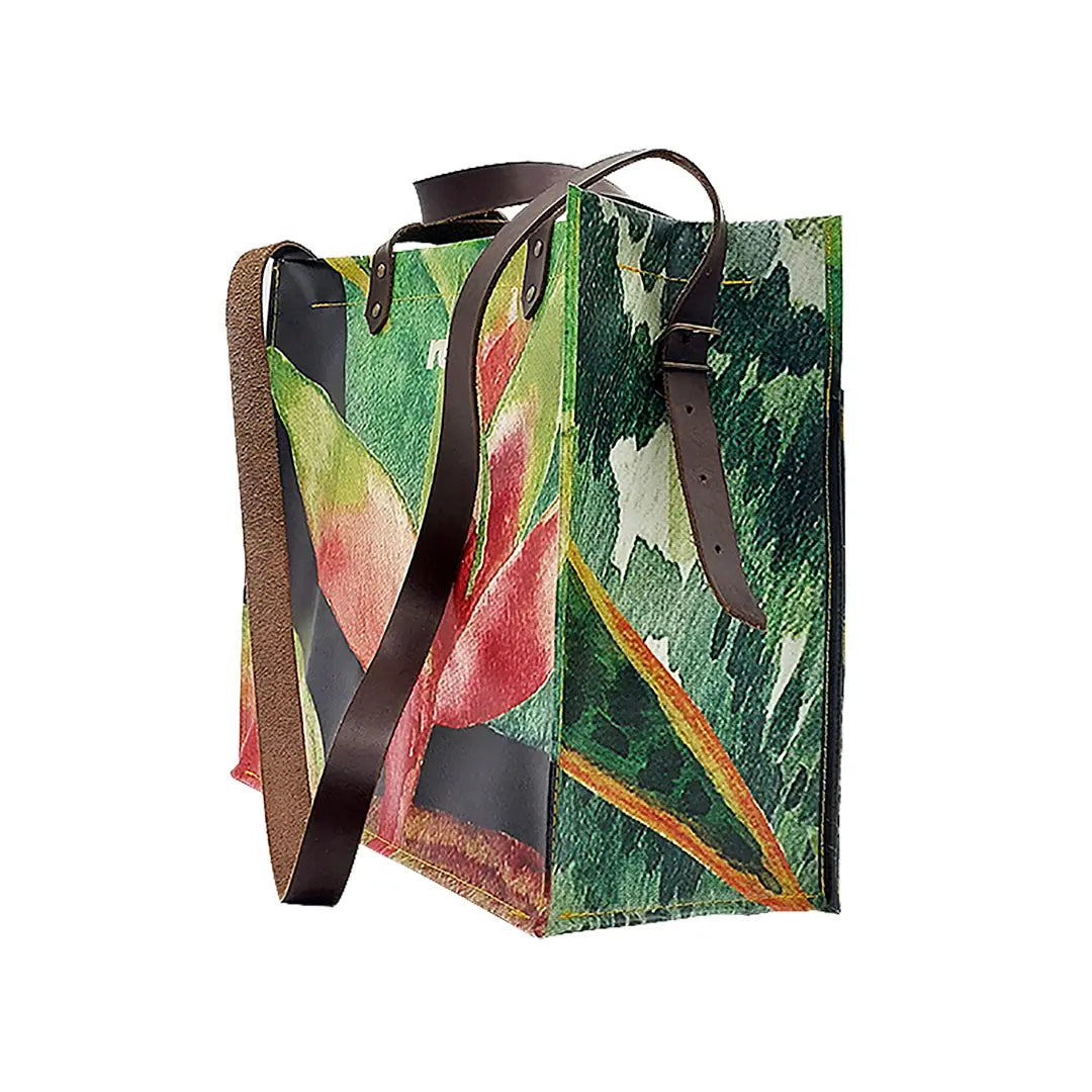 Julieta Bag 324 by ReCreate, a structured bag in reclaimed advertising banner with leather straps, zip closure and botanical graphic presence. - side