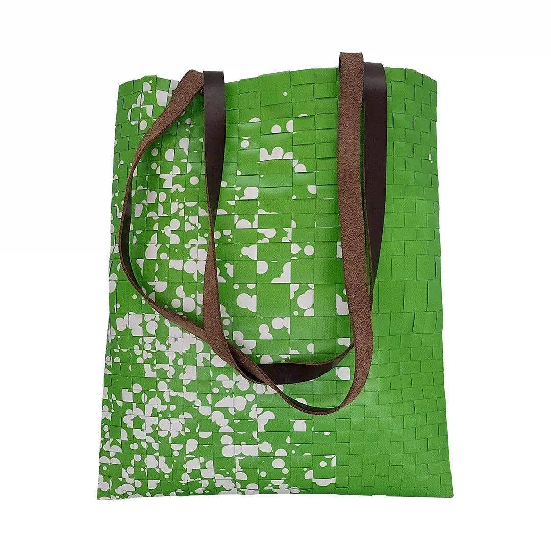Rita Bag 1523 by ReCreate, a green tote in reclaimed advertising banner with leather straps, woven texture and one inner pocket. - front