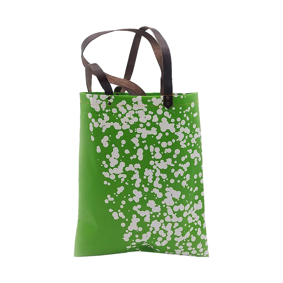 Rita Bag 1523 by ReCreate, a green tote in reclaimed advertising banner with leather straps, woven texture and one inner pocket. - back
