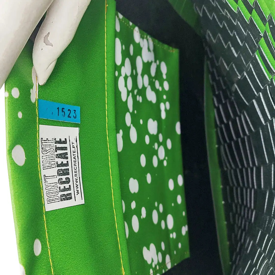 Rita Bag 1523 by ReCreate, a green tote in reclaimed advertising banner with leather straps, woven texture and one inner pocket. - pocket