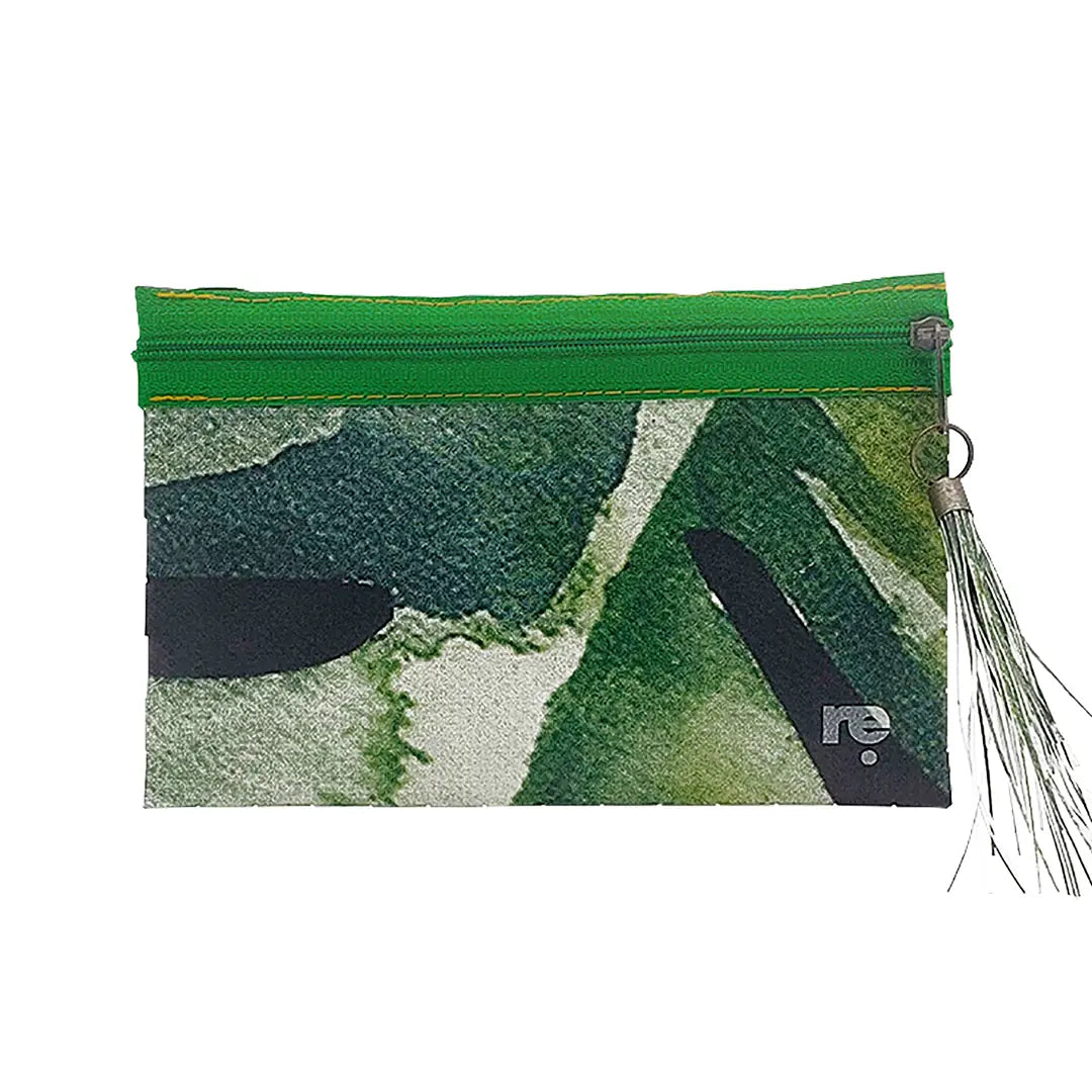 Green pouch made from reclaimed advertising banner, with woven texture, graphic fragments and a zip closure. A unique object by ReCreate. - front