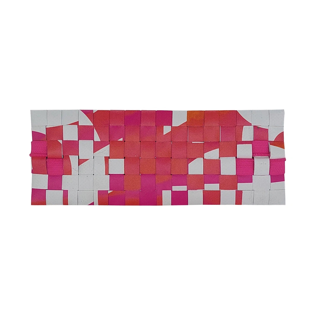 Bright one-of-a-kind pouch made from reused advertising material, with pink zip detail and handwoven graphic back. - back