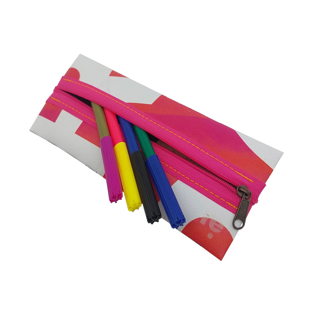 Bright one-of-a-kind pouch made from reused advertising material, with pink zip detail and handwoven graphic back. - pens