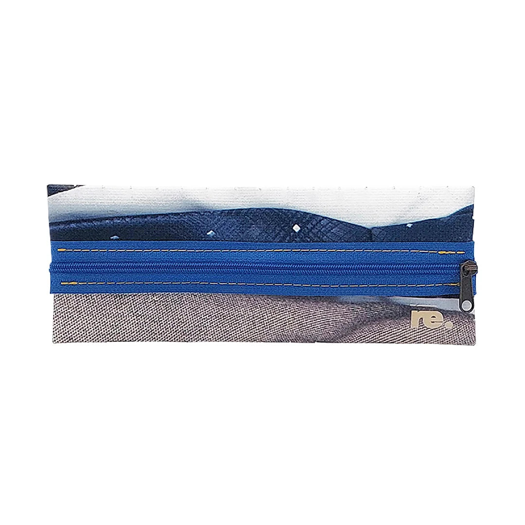 Dali Pouch 3123 by ReCreate is a reclaimed-banner pouch with blue zip, woven surface and graphic navy, white and grey fragments. - image 1