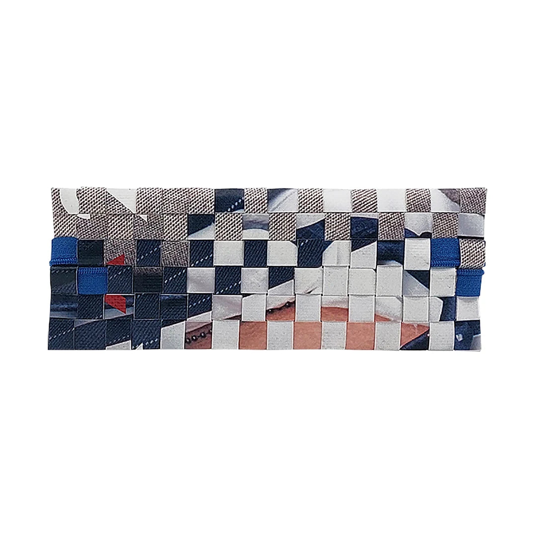 Dali Pouch 3123 by ReCreate is a reclaimed-banner pouch with blue zip, woven surface and graphic navy, white and grey fragments. - image back