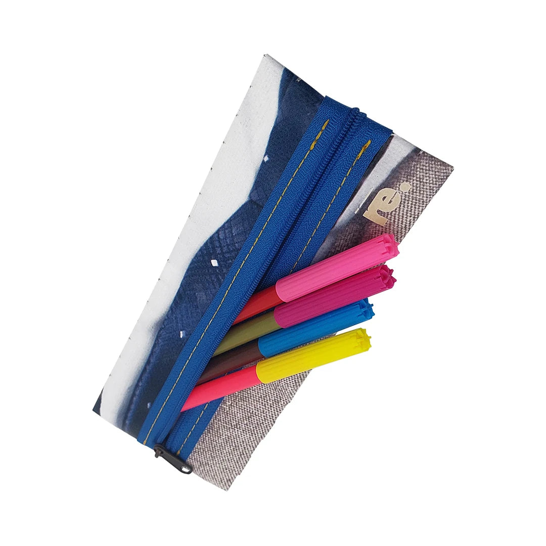 Dali Pouch 3123 by ReCreate is a reclaimed-banner pouch with blue zip, woven surface and graphic navy, white and grey fragments. - with pens