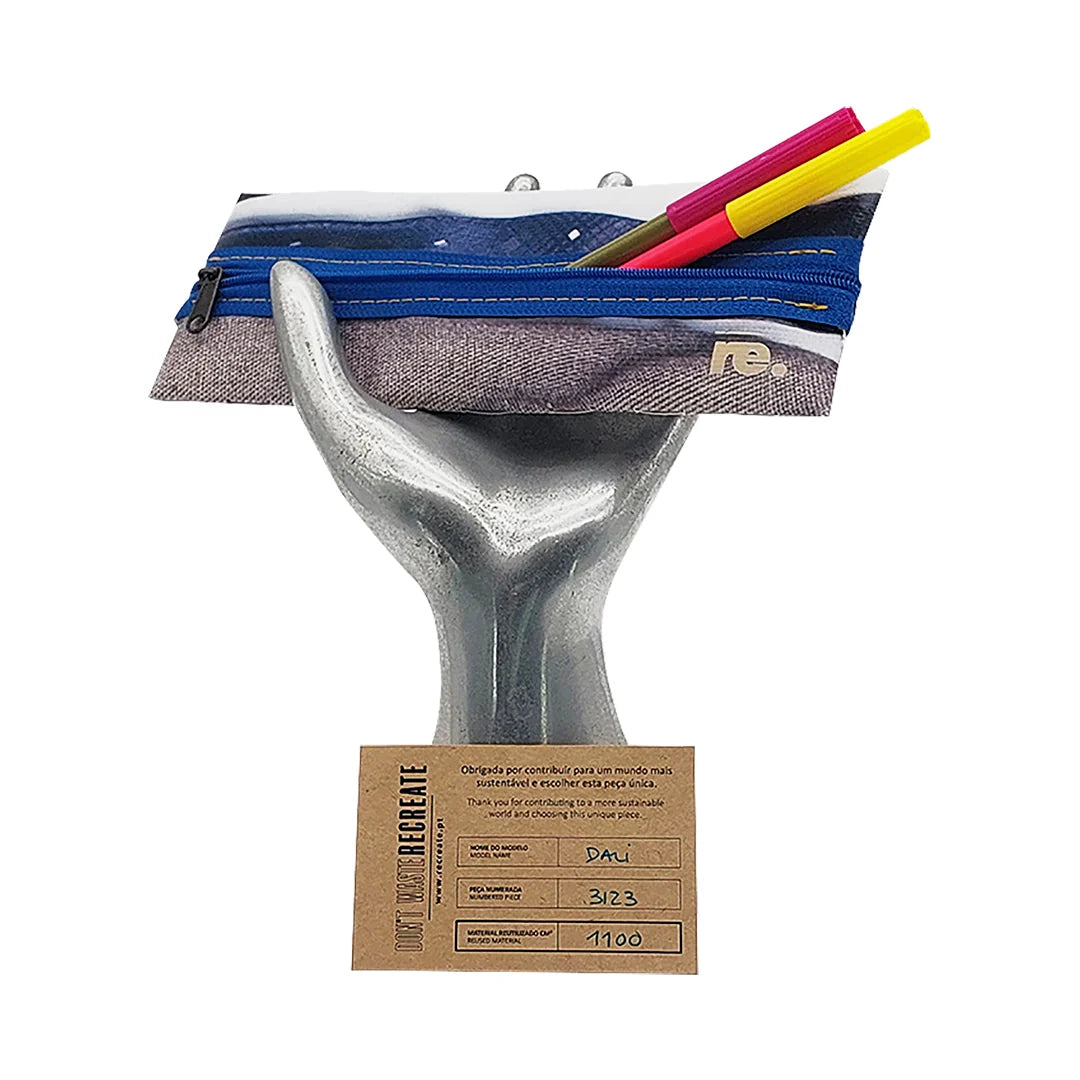 Dali Pouch 3123 by ReCreate is a reclaimed-banner pouch with blue zip, woven surface and graphic navy, white and grey fragments. - on hand