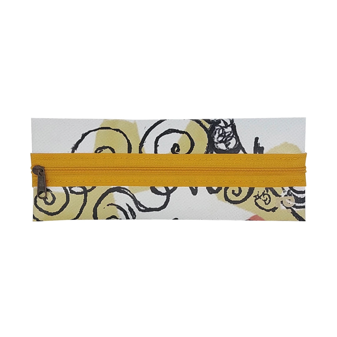 Slim zipped pouch made from reclaimed advertising material, ideal for pens, small objects and daily essentials.- front