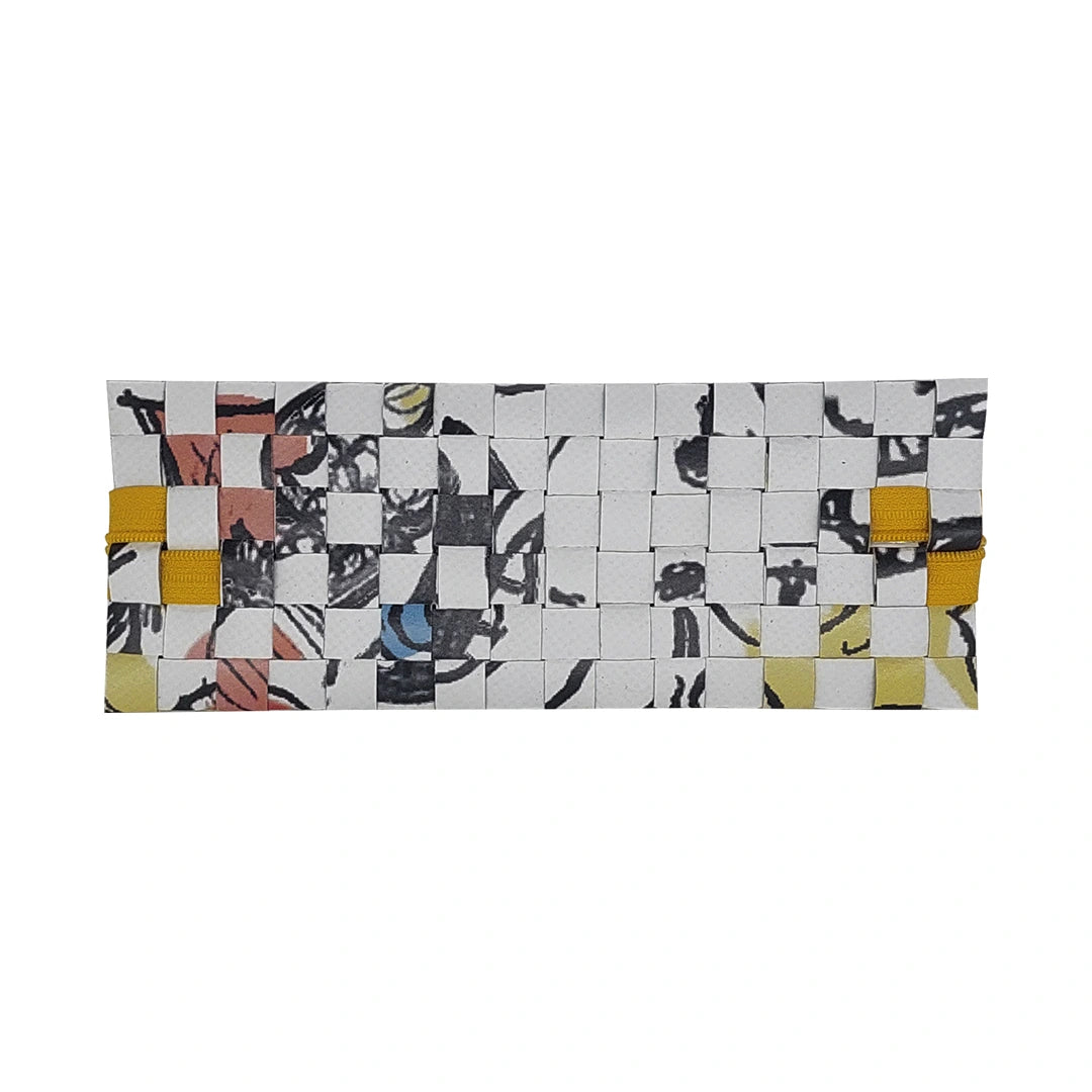 Slim zipped pouch made from reclaimed advertising material, ideal for pens, small objects and daily essentials.- back