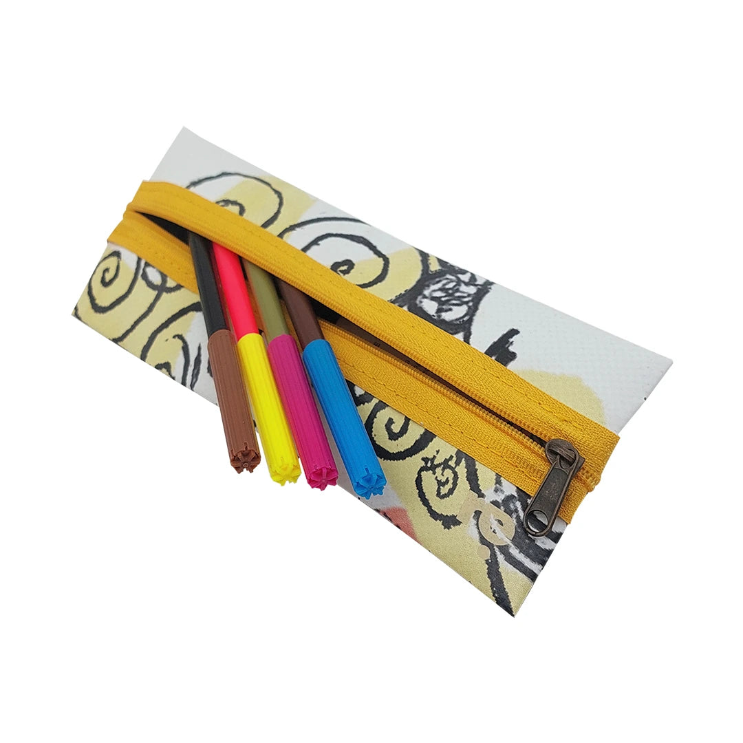 Slim zipped pouch made from reclaimed advertising material, ideal for pens, small objects and daily essentials. - with pens