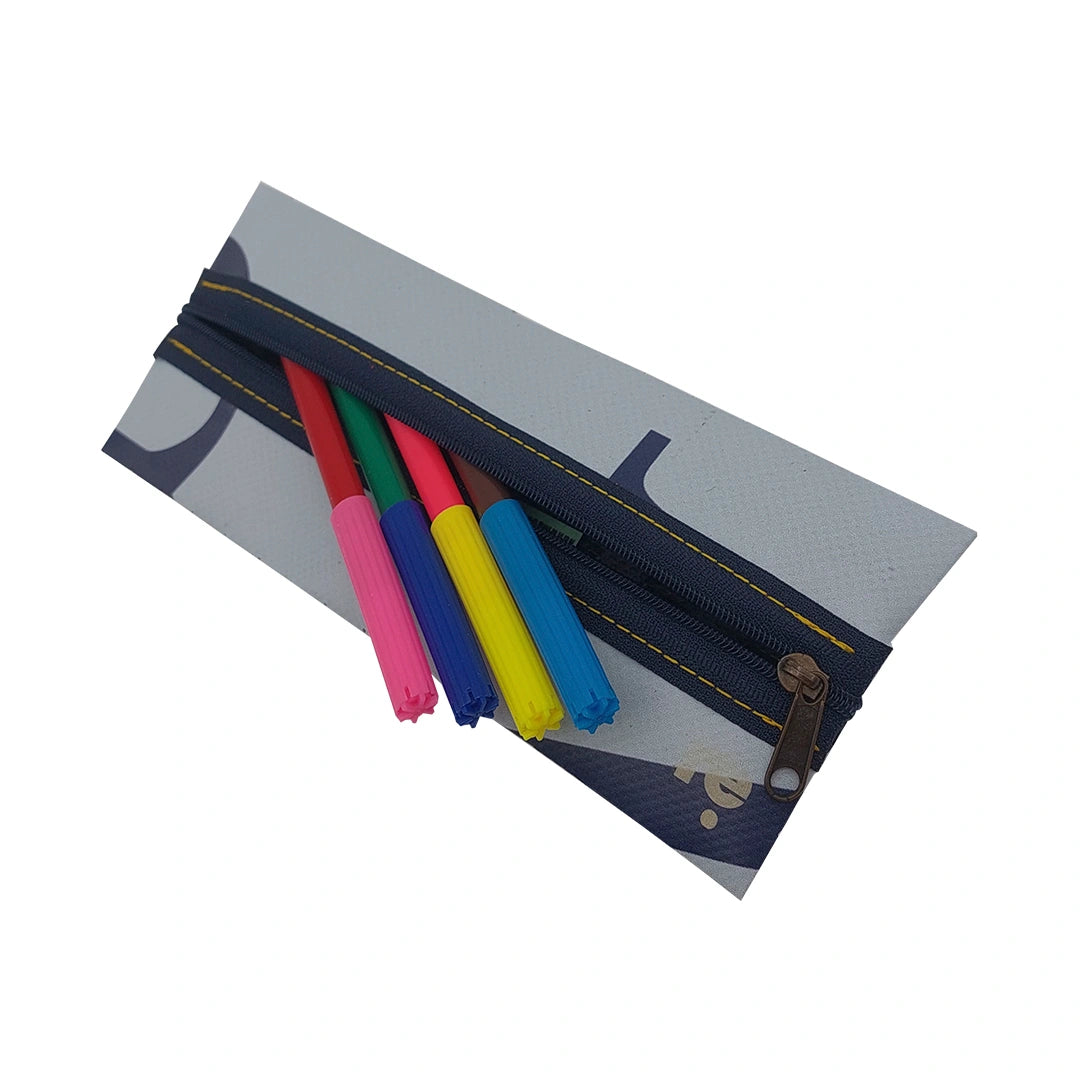 Slim pouch made from reclaimed advertising banner in soft blue and navy tones, ideal for pens, cables and everyday essentials. - with pens