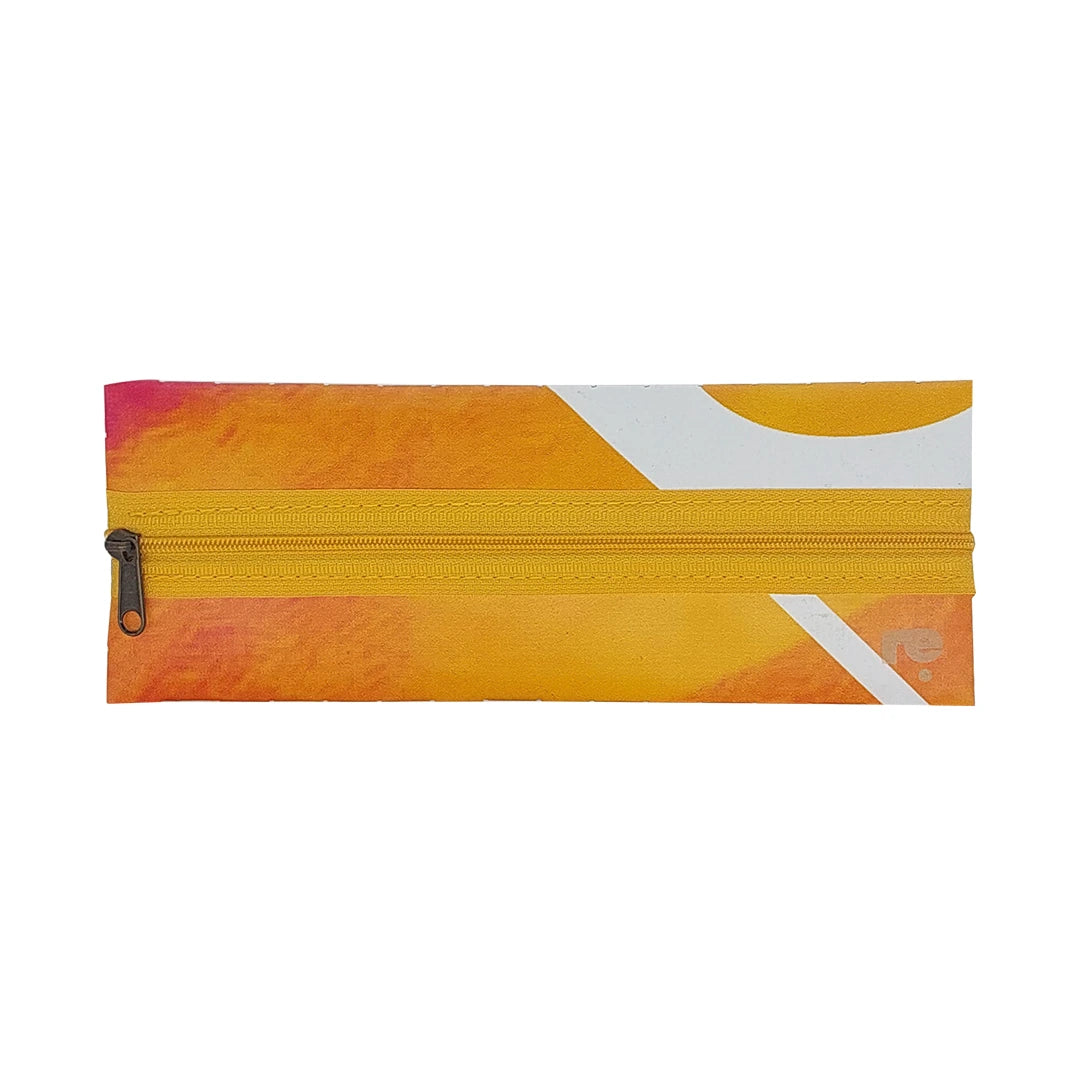 Compact banner pouch in yellow, orange and pink tones, made for pens, cables and small everyday items with a distinctive woven reverse. - front