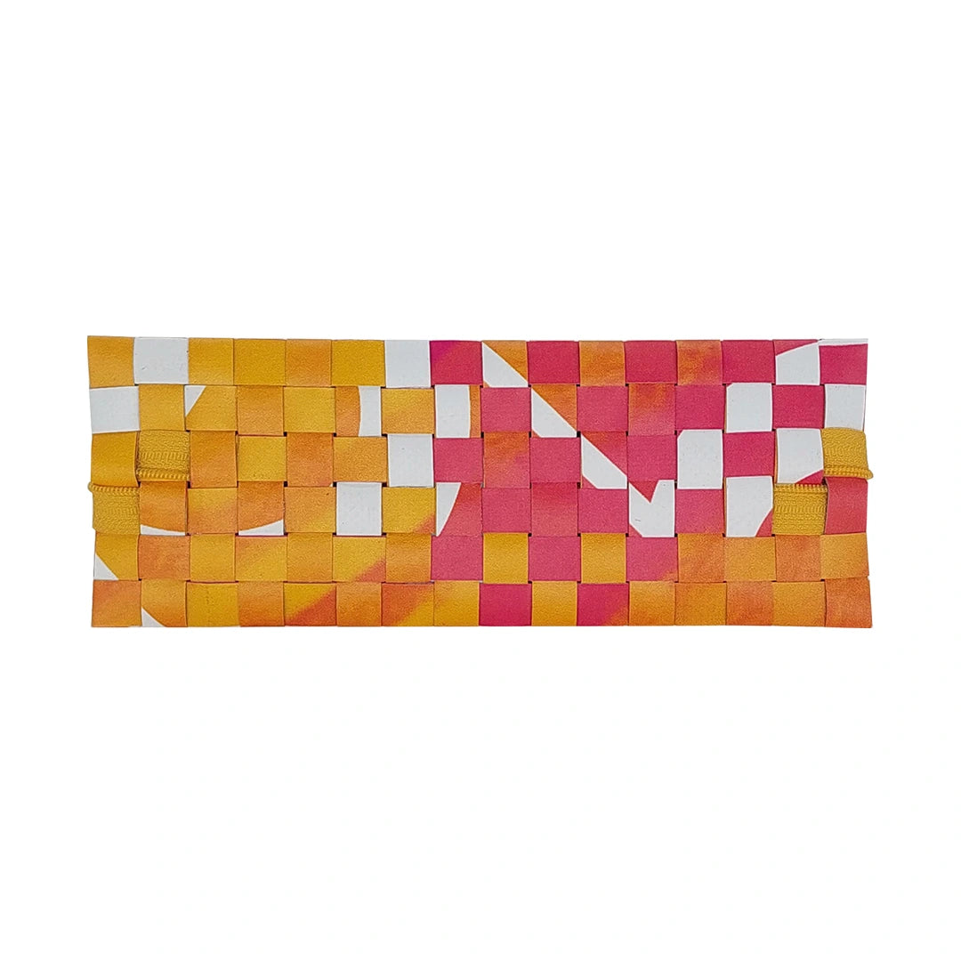 Compact banner pouch in yellow, orange and pink tones, made for pens, cables and small everyday items with a distinctive woven reverse. - back