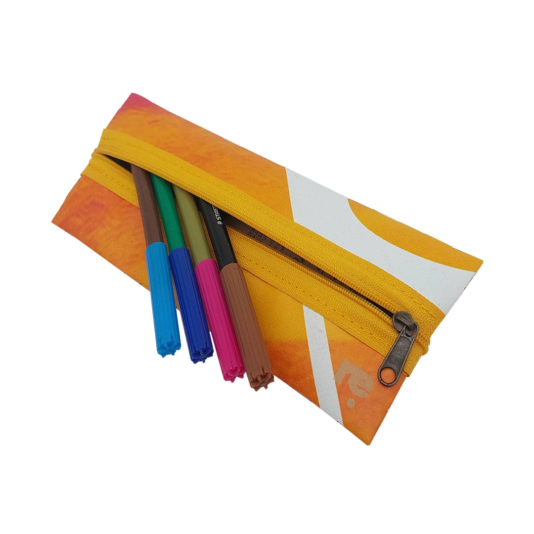 Compact banner pouch in yellow, orange and pink tones, made for pens, cables and small everyday items with a distinctive woven reverse.  with pens