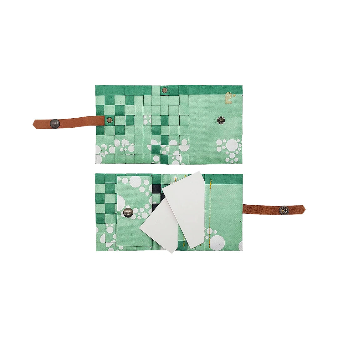 John Wallet 17723 by ReCreate is a mint-green reclaimed-banner wallet with white graphic circles, made to hold up to 8 cards and coins. - both sides