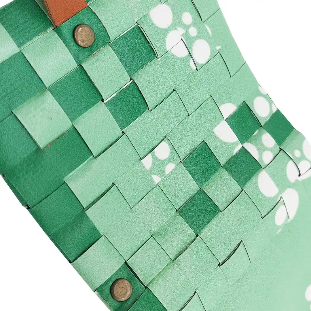 John Wallet 17723 by ReCreate is a mint-green reclaimed-banner wallet with white graphic circles, made to hold up to 8 cards and coins. - detail