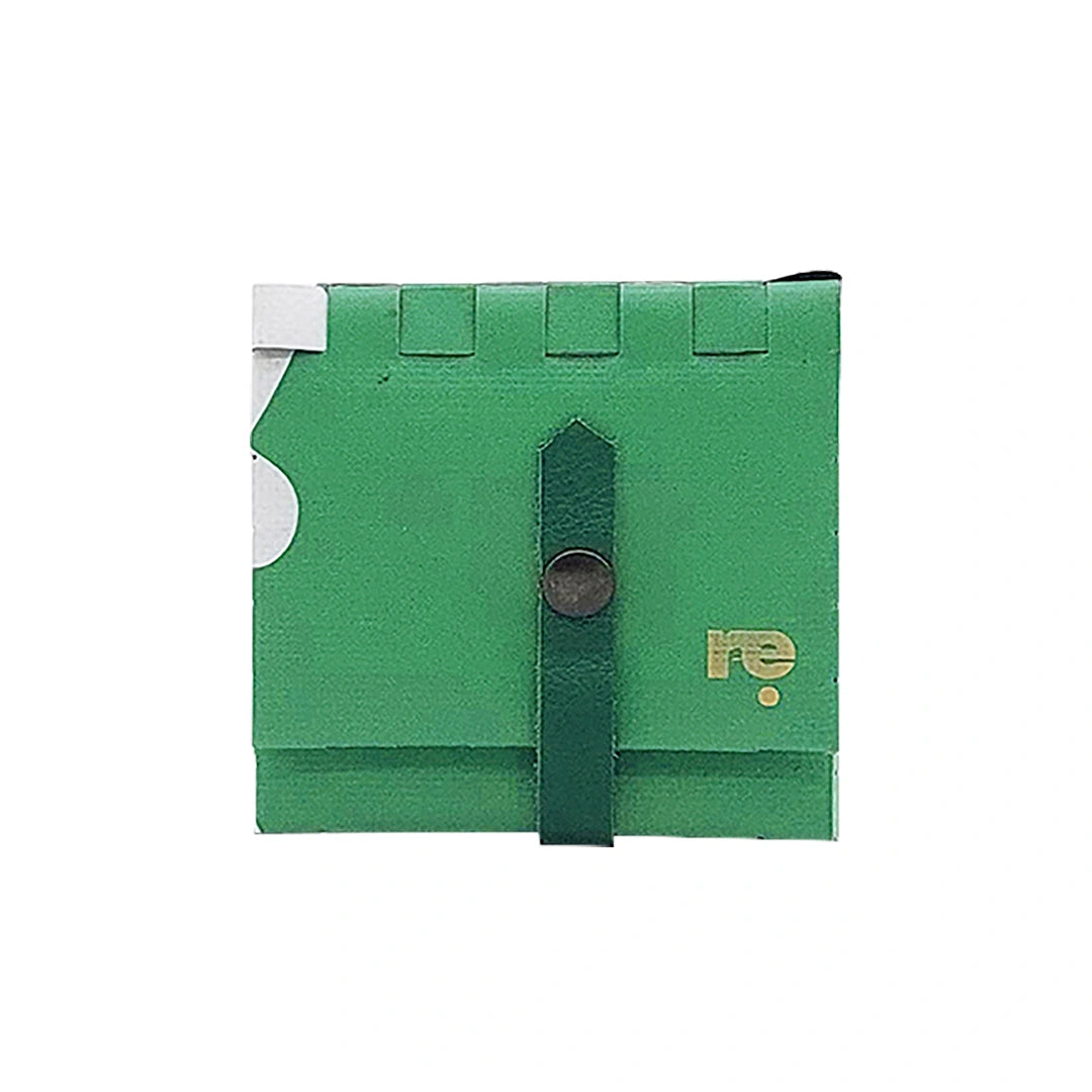 John Wallet 18323 by ReCreate is a green reclaimed-banner wallet with woven details, designed for up to 8 cards and coins. -front