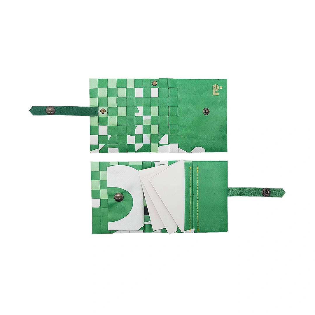 John Wallet 18323 by ReCreate is a green reclaimed-banner wallet with woven details, designed for up to 8 cards and coins. - both sides