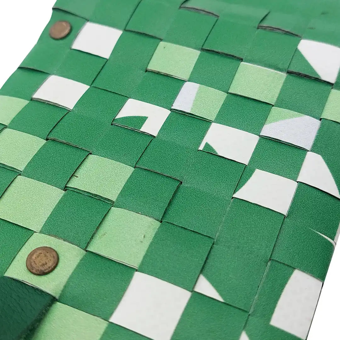 John Wallet 18323 by ReCreate is a green reclaimed-banner wallet with woven details, designed for up to 8 cards and coins. - detail