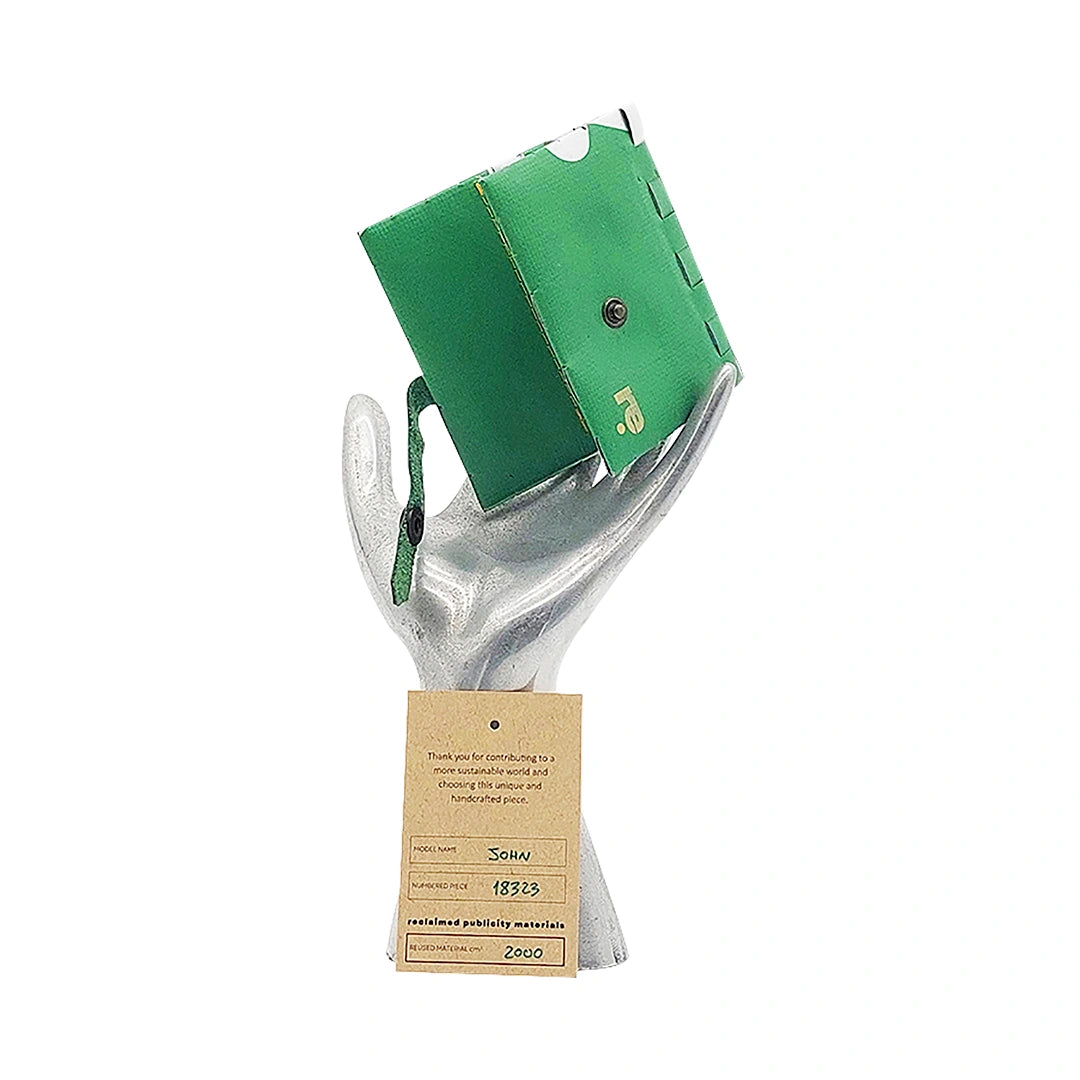 John Wallet 18323 by ReCreate is a green reclaimed-banner wallet with woven details, designed for up to 8 cards and coins. - on hand