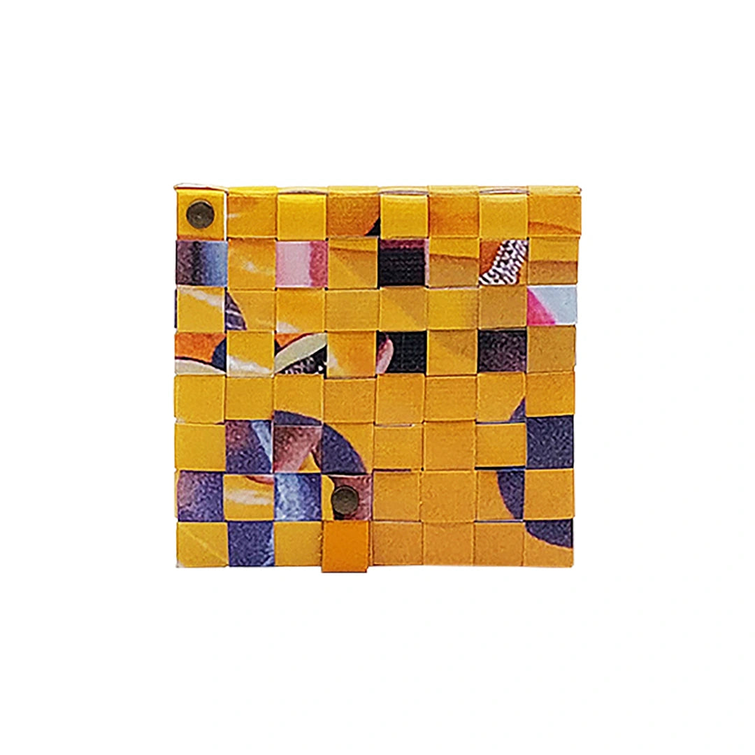 John Wallet 225 is a ReCreate wallet made from reclaimed advertising banner, with yellow-blue graphics, coin space and room for 8 cards. - back