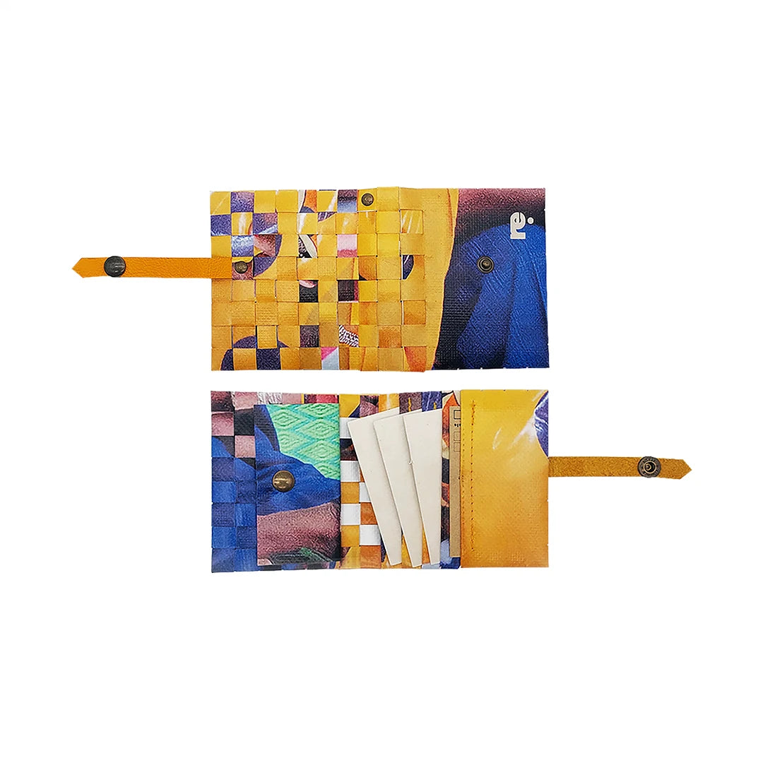 John Wallet 225 is a ReCreate wallet made from reclaimed advertising banner, with yellow-blue graphics, coin space and room for 8 cards. - both sides