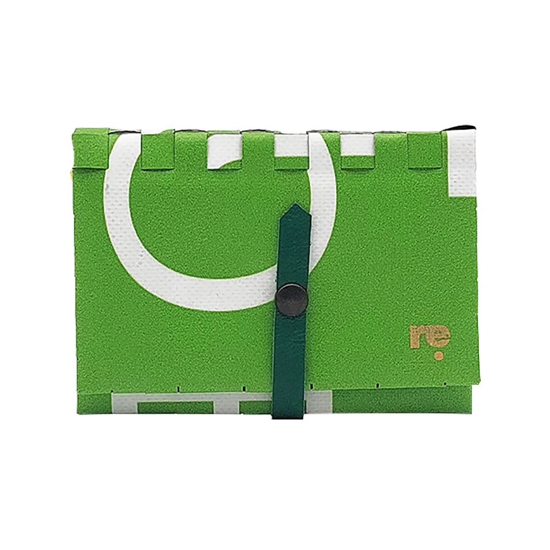 Katie Wallet 1423 by ReCreate is made from reclaimed advertising banner, with green graphic curves and space for notes, documents and money. - front