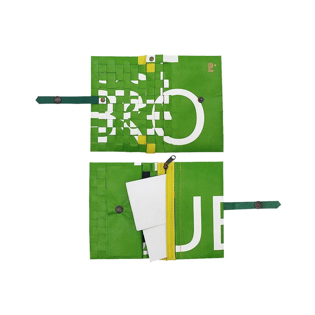 Katie Wallet 1423 by ReCreate is made from reclaimed advertising banner, with green graphic curves and space for notes, documents and money. - both side