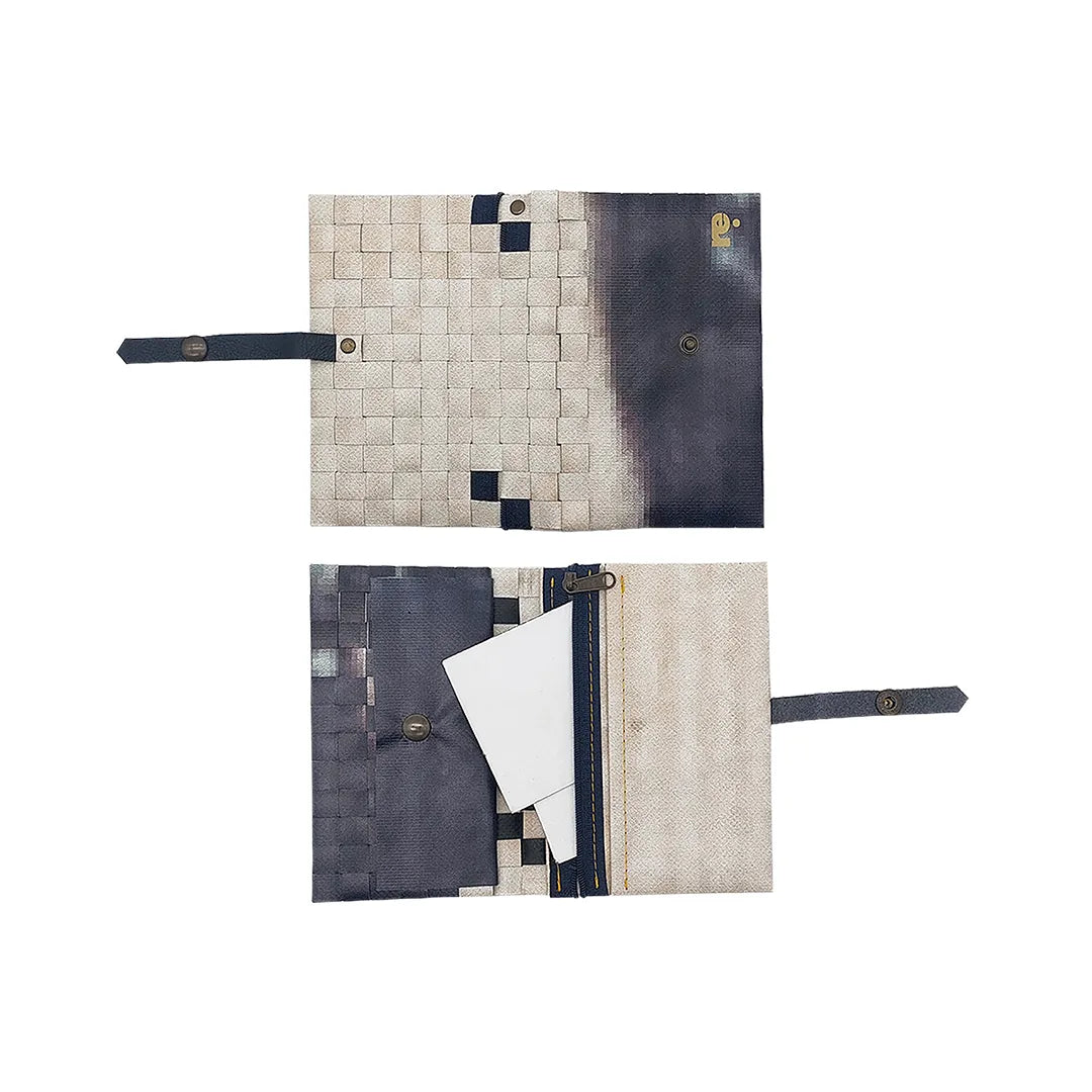 Katie Wallet 2323 by ReCreate uses reclaimed advertising banner in grey-black tones, with space for documents, money and a small notebook. -  both sides