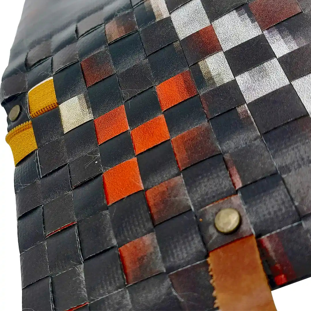 Katie Wallet 2825 by ReCreate transforms reclaimed advertising banner into a dark document wallet for money, notes and a small notebook. - detail
